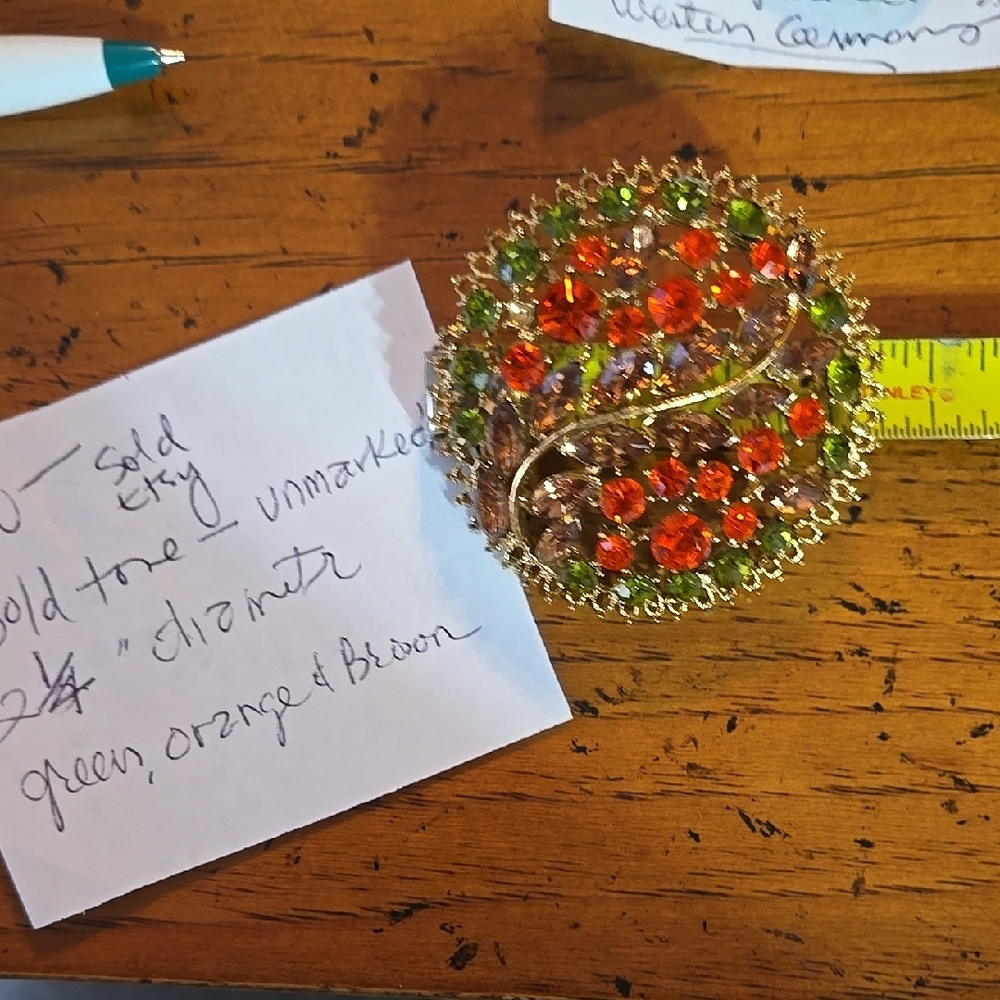 Vintage Gold-Tone Brooch with Orange and Green Gems